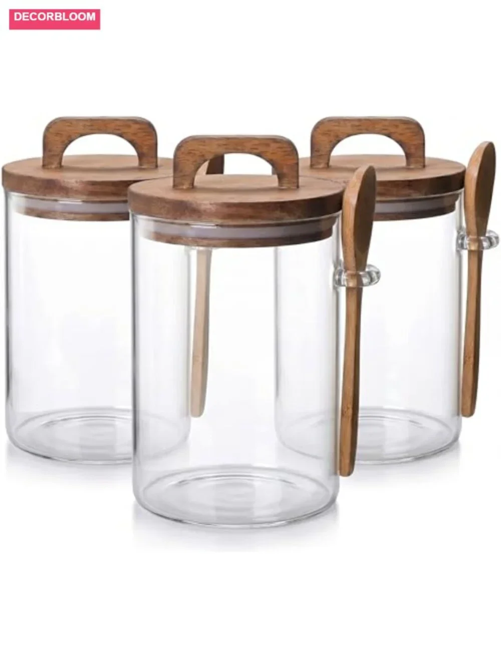 Set of 3 Glass Food Storage Canisters with Airtight Bamboo Lids, Wooden Spoons,